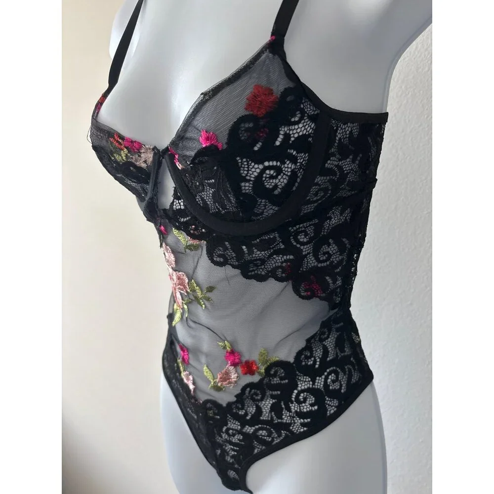 Y2K Bodysuit Small Sheer Lace Floral Embroidered Black Mesh Open Back Lingerie - Picture 11 of 16